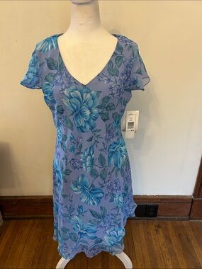 Positive Attitude Floral V-Neck Blue Flowy Midi Dress Size 14P NWT
